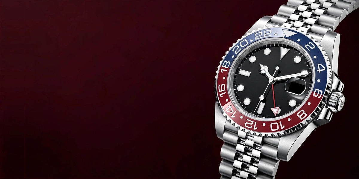 Rolex GMT Pepsi, large tilted watch at the right edge